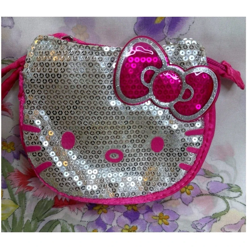 Sanrio Hello Kitty Mini Wristlet Coin Purse‎ Silver Sequin Pink Bow 4.5x5